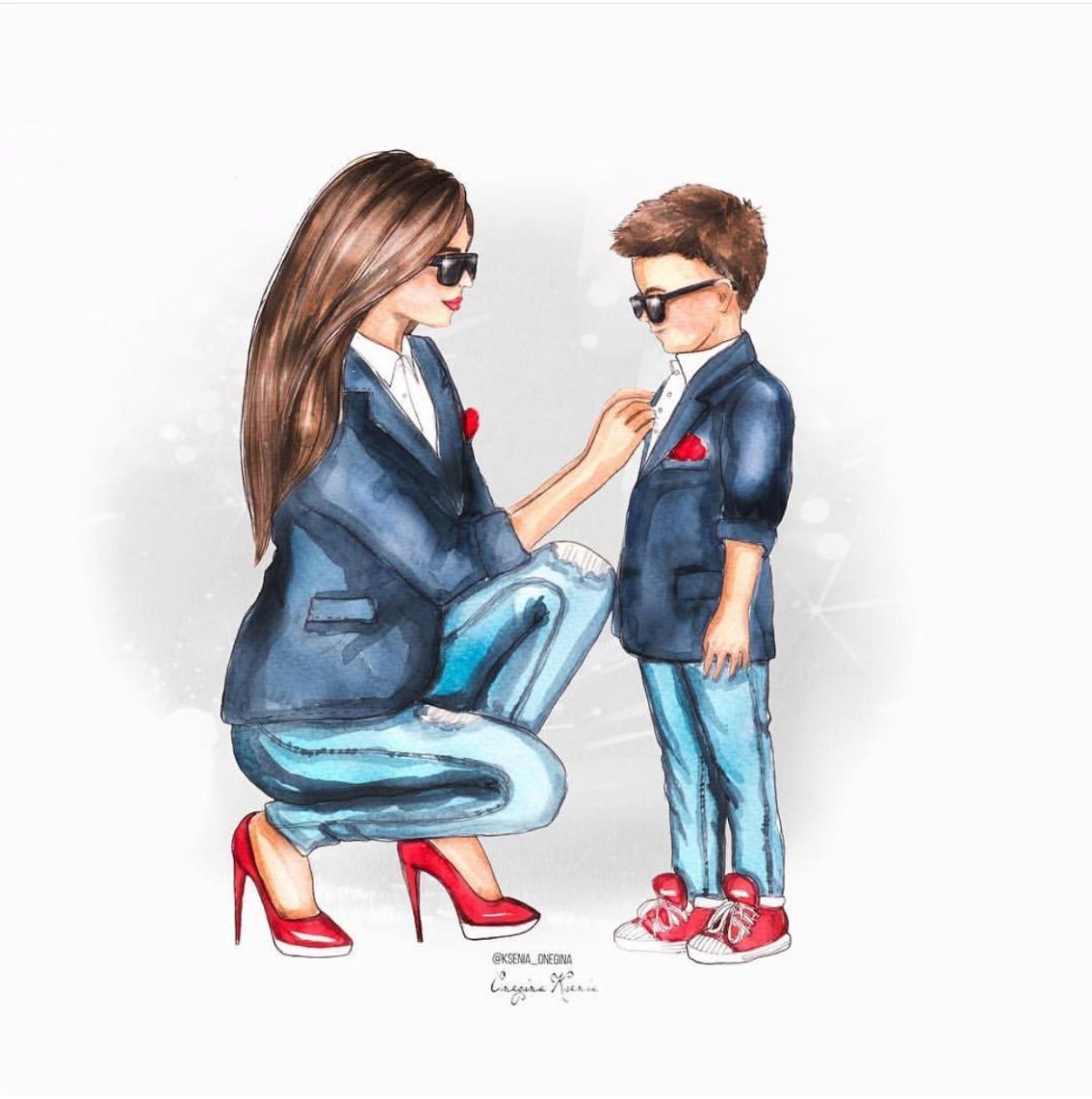 Нарисованная девушка с сыном