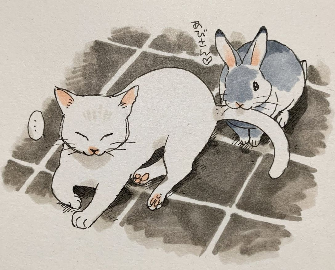 Кролик и котенок арт