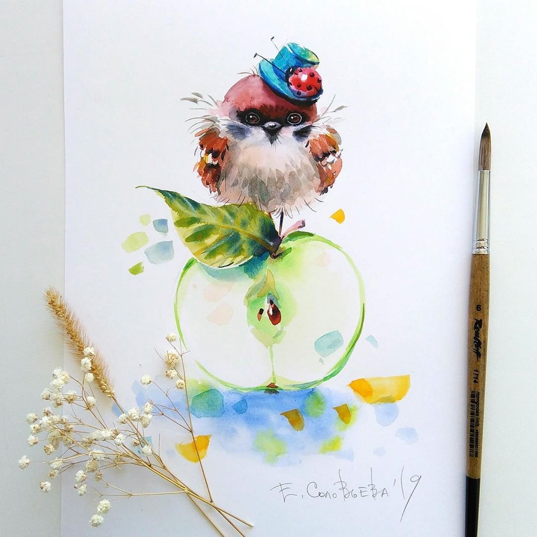 Соловьева Евгения акварель птицы