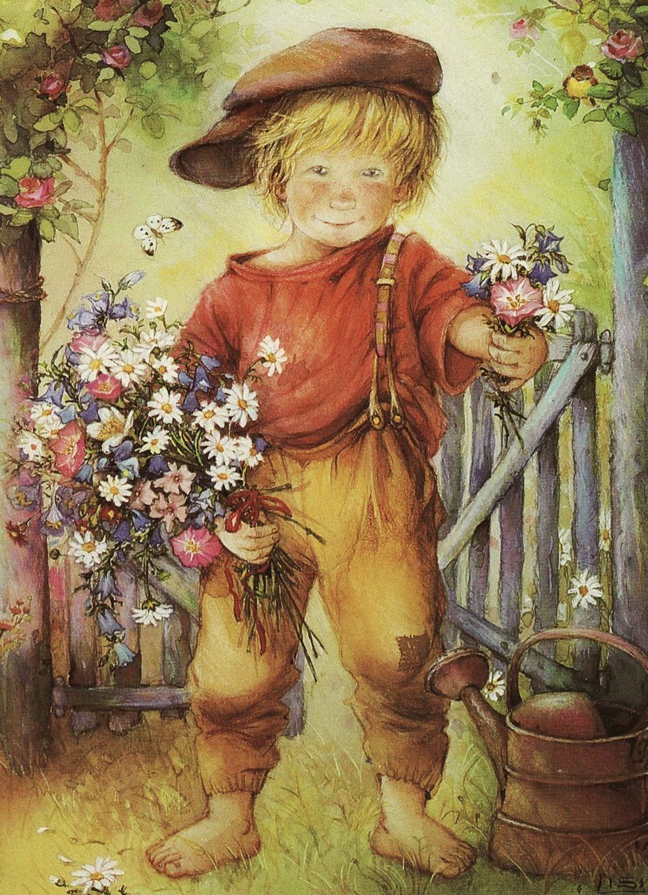 Ребенок с букетом полевых цветов