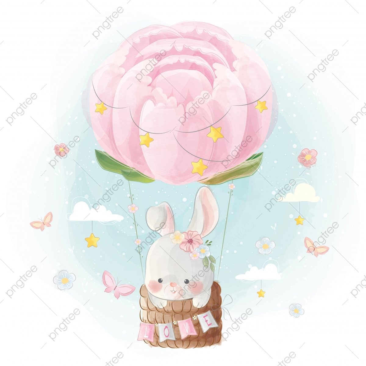 Акварельный Зайка на воздушном шаре