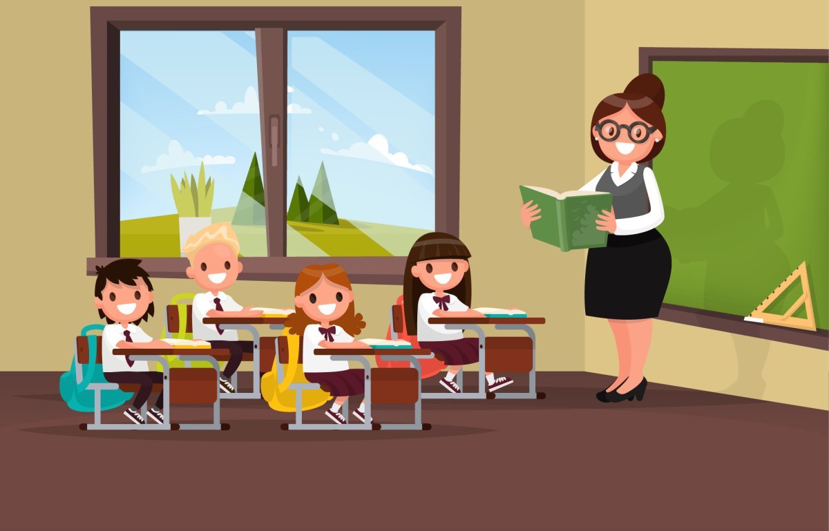 Ученики и учитель в классе мультяшный