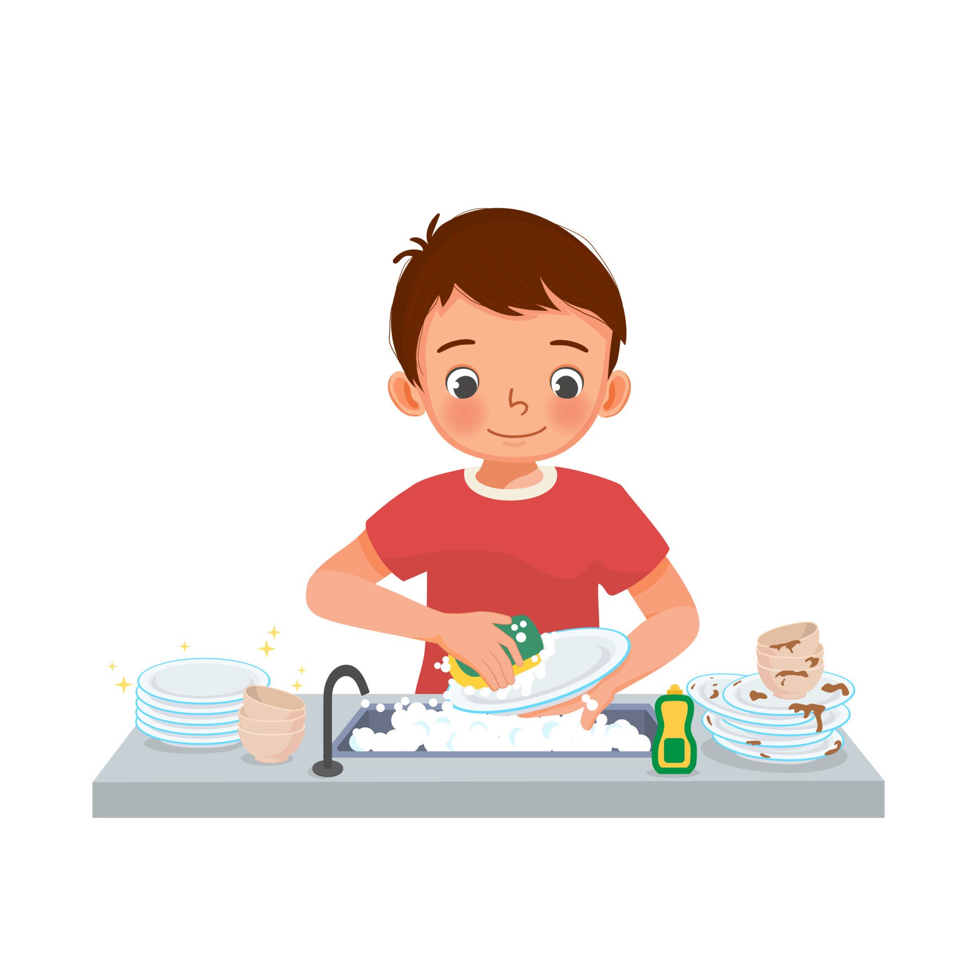 Мальчик моет посуду. Мытье посуды векторное изображение для детей. Мытье посуды картинки для детей. Ребенок моет посуду.