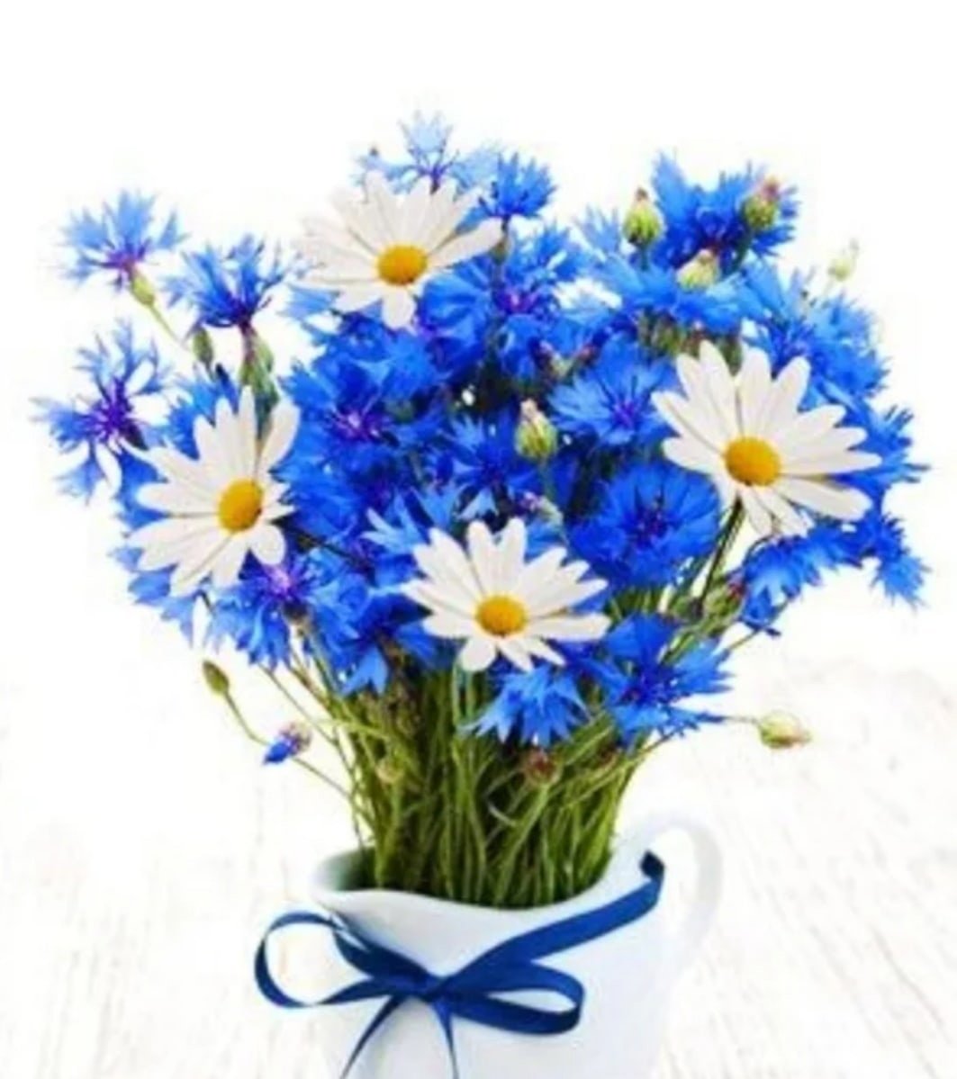 Корзина с ромашками и васильками