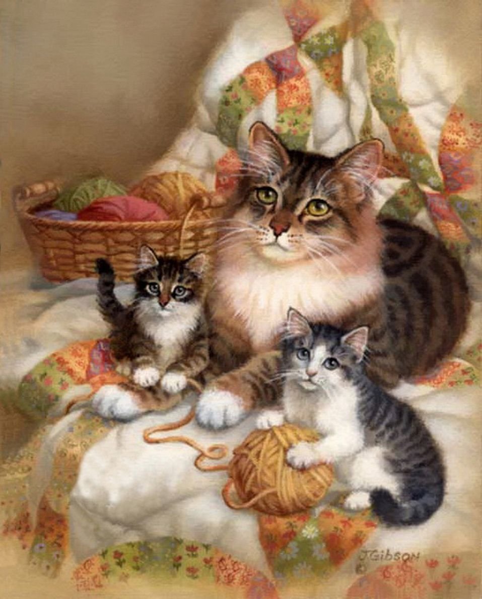 Мама кошка обнимает котенка