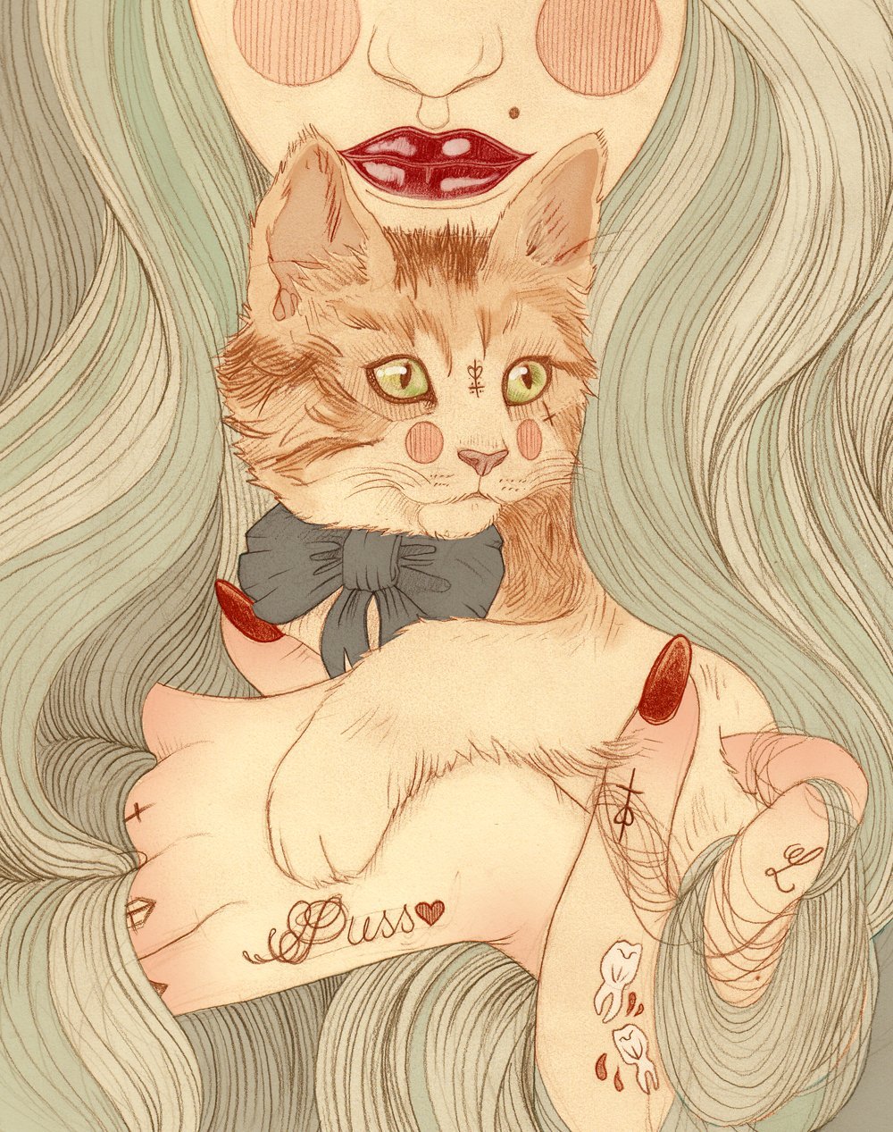 Нарисованная девушка с котом