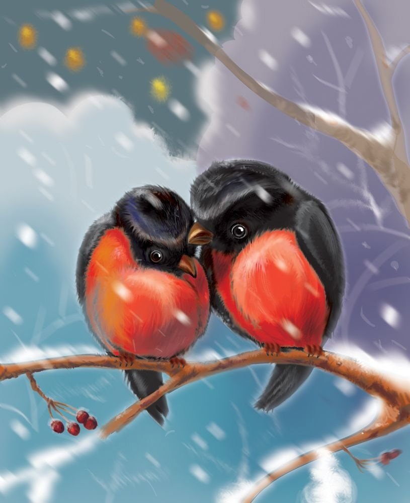 Птички на ветке зимой