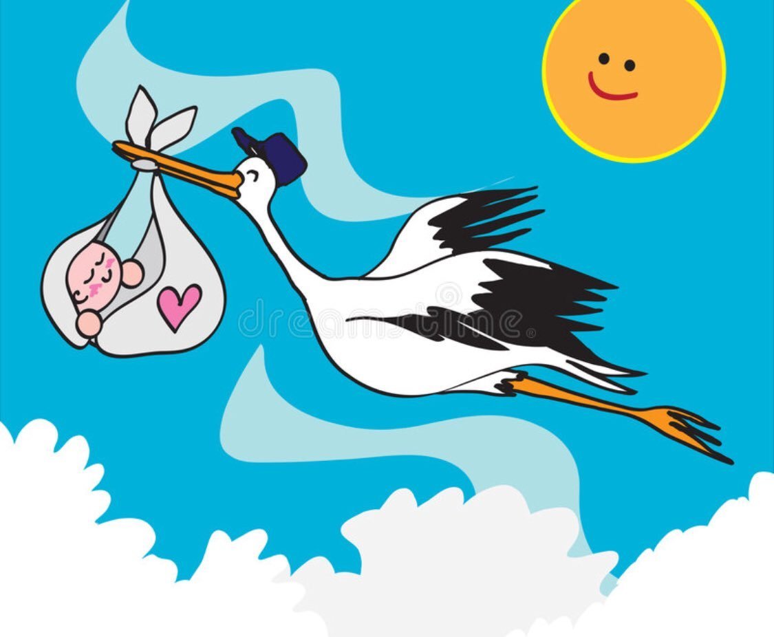 Открытка аиста с ребенком в клюве