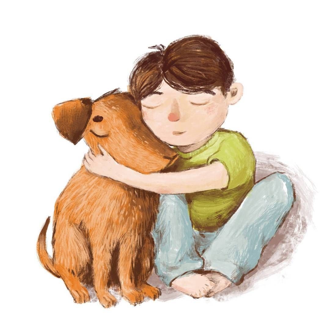 Мальчик обнимает щенка