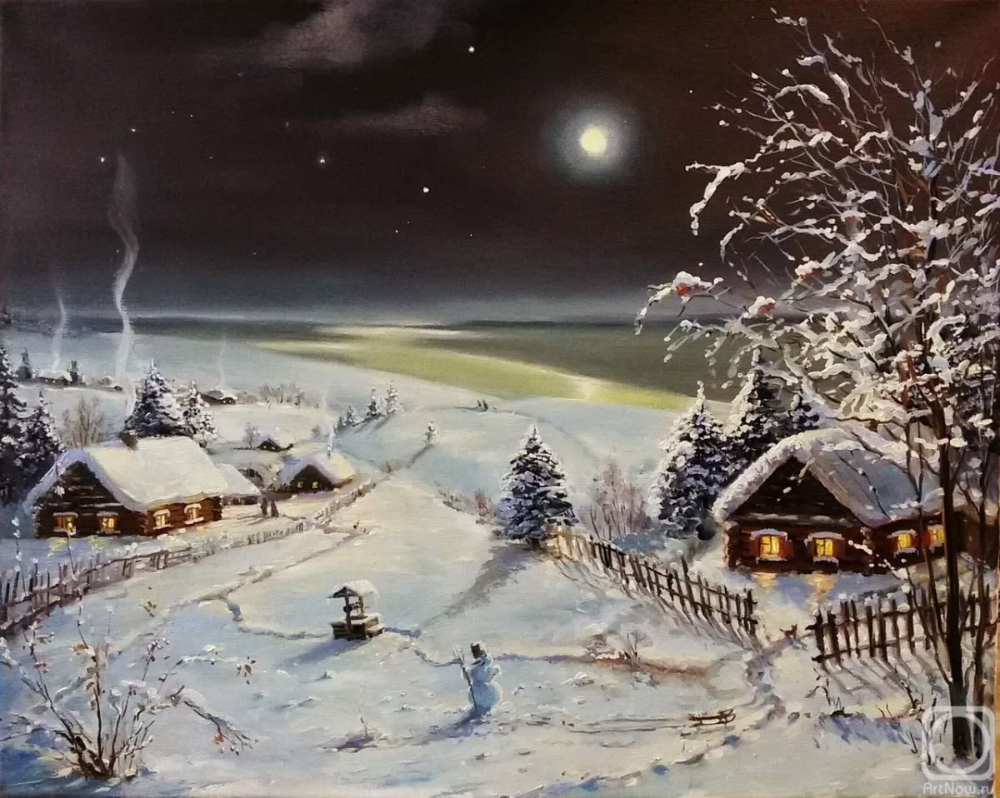 Зимняя ночь в деревне живопись