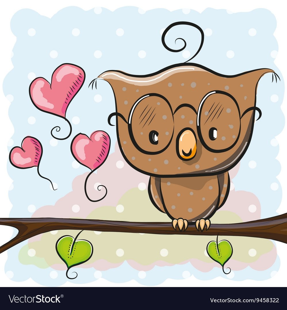 Мультяшная Сова на веточке с улыбкой