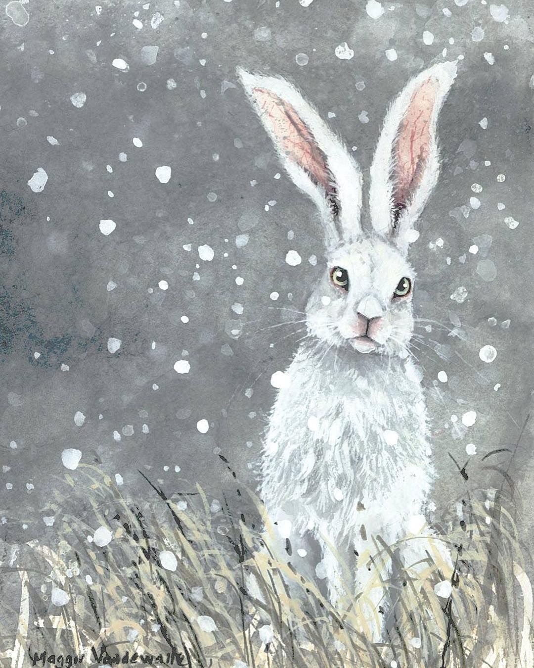 Кролик зимой акварель