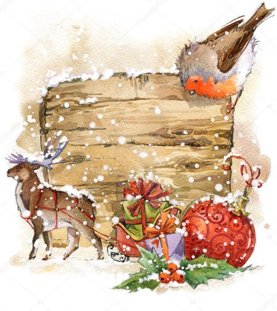 Новогодние иллюстрации акварелью на белом фоне