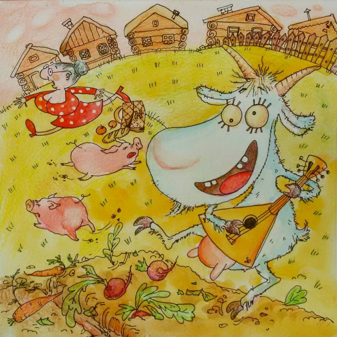 Лубок коза с баяном