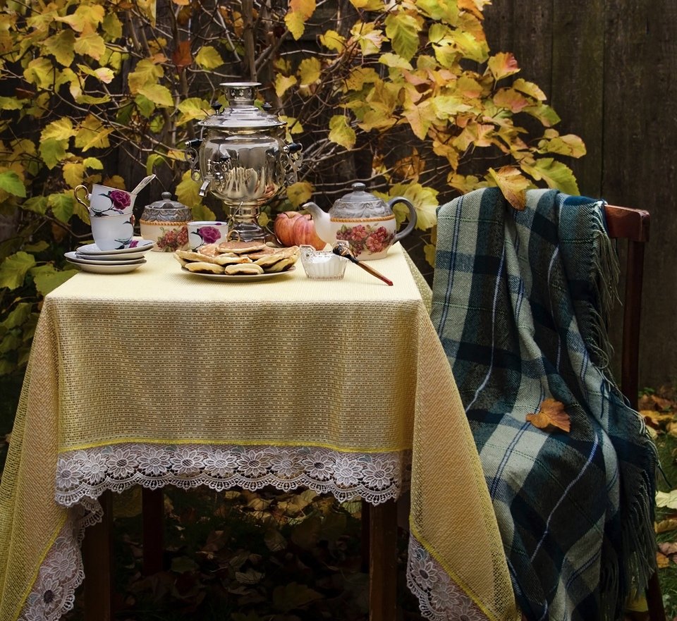 Чаепитие с самоваром в саду