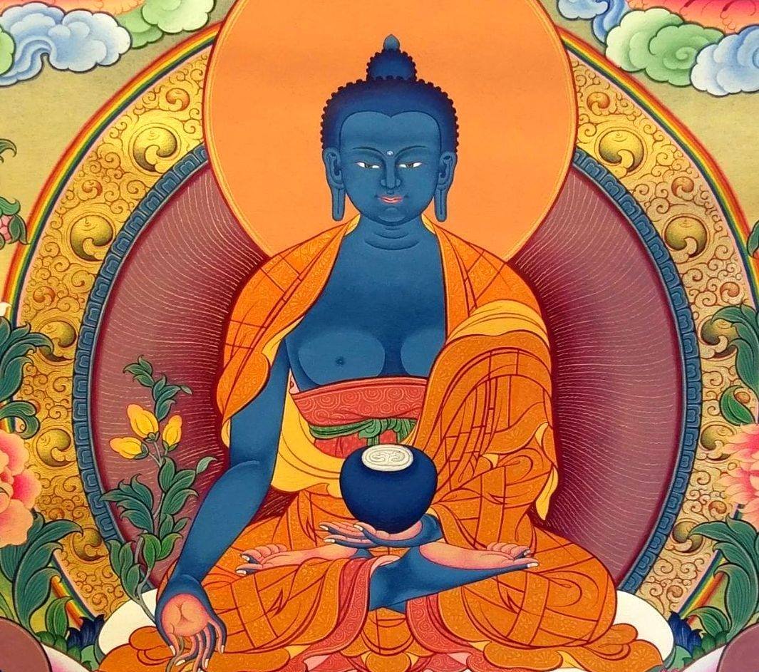 Синий Будда медицины с мантрой