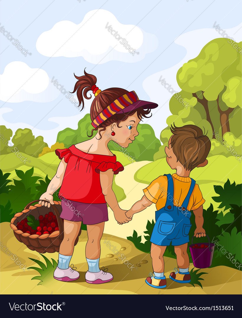 Мальчик и девочка гуляют в саду