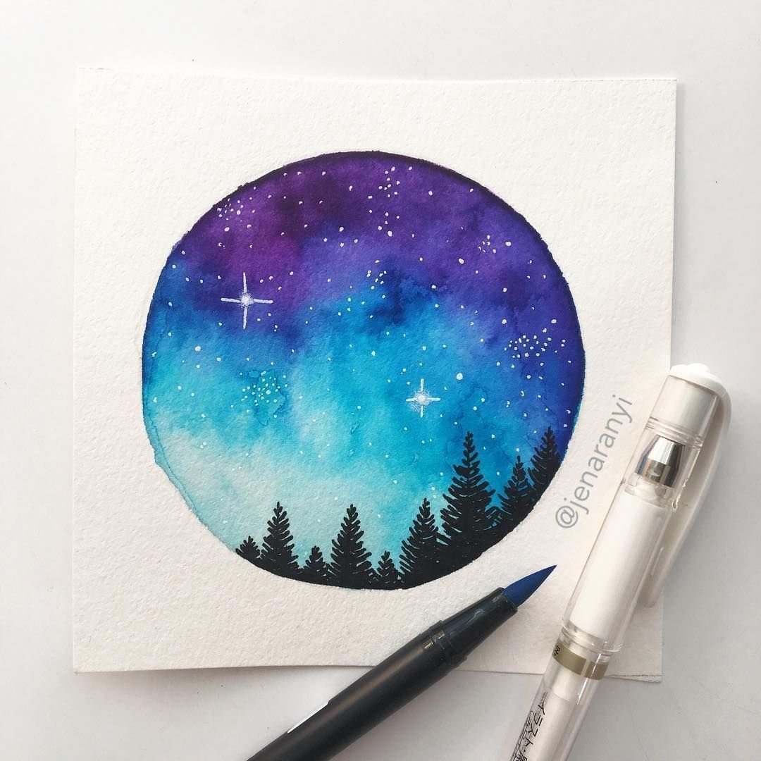 Пейзаж в круге акварелью