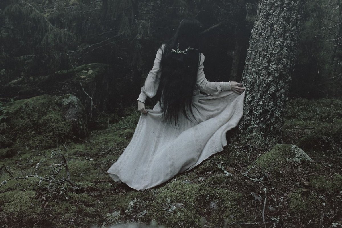 Девушка в мрачном лесу