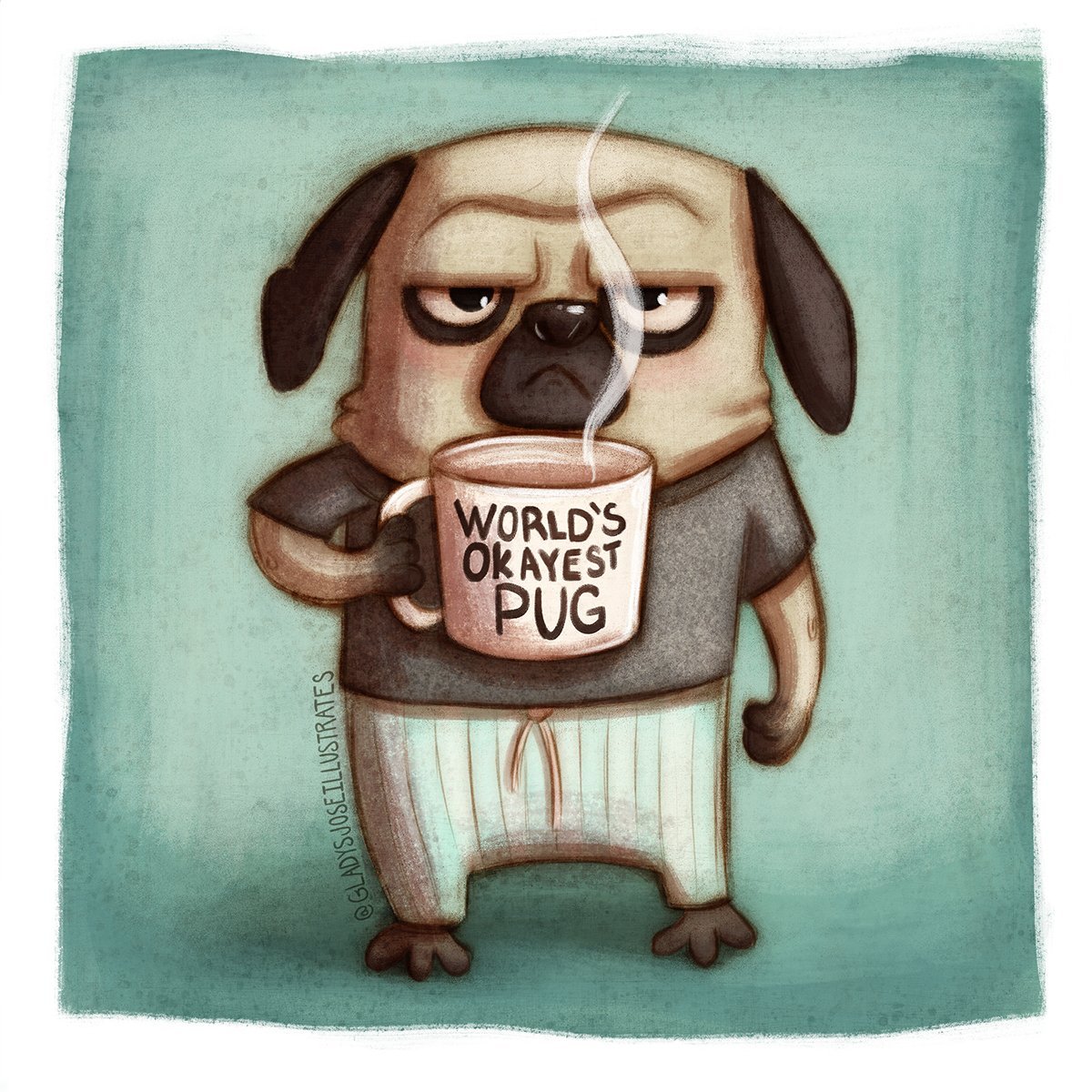 Смешной Мопс с кофе