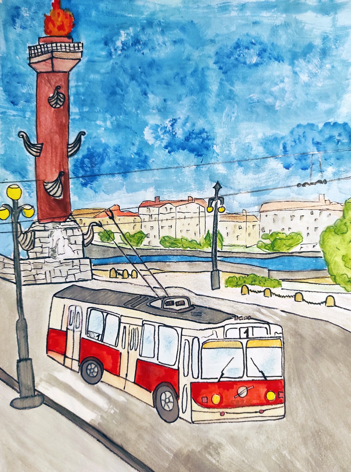 Заснеженный трамвай акварелью