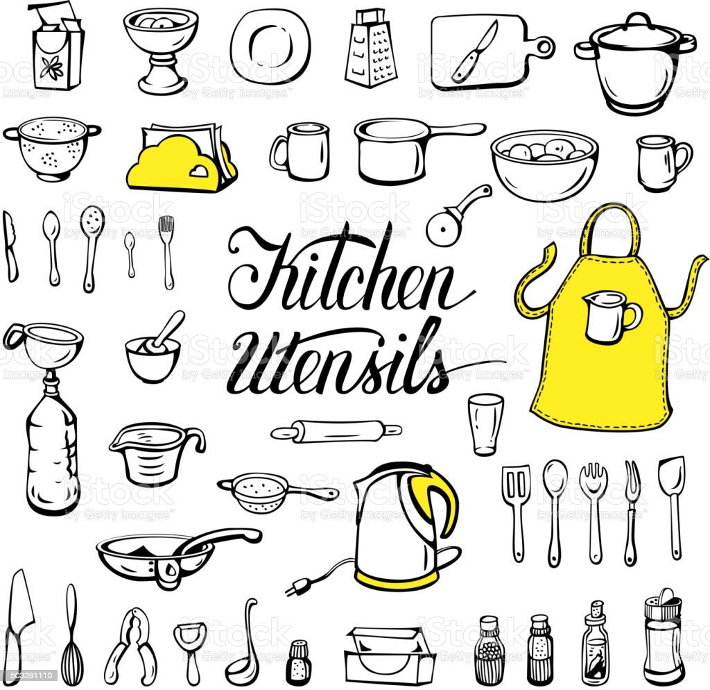 Кухонные принадлежности рисунок и надпись