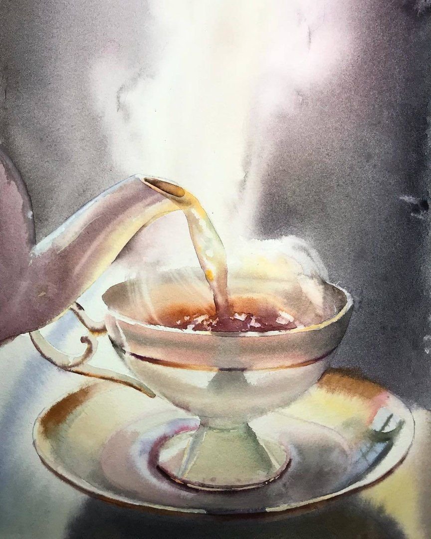 Кружка чая акварелью