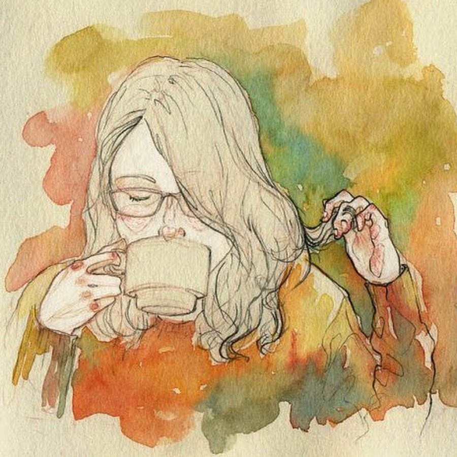 Человек в пледе с чаем арт