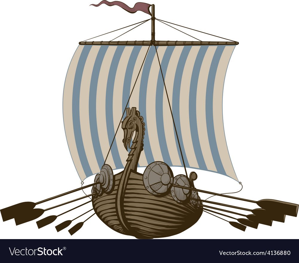 Старинный корабль с парусом и веслами