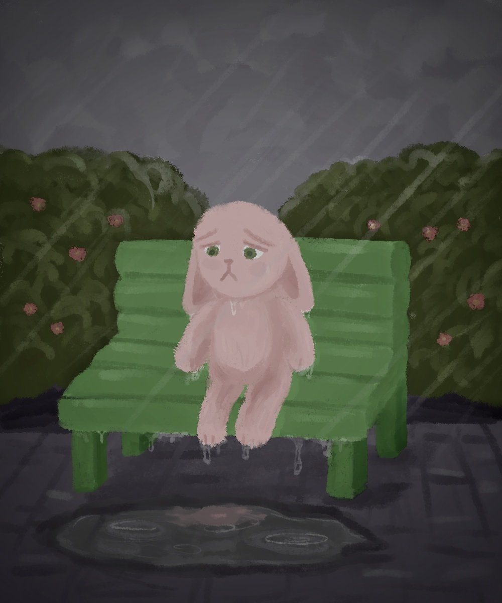 Зайчик на скамейке под дождем