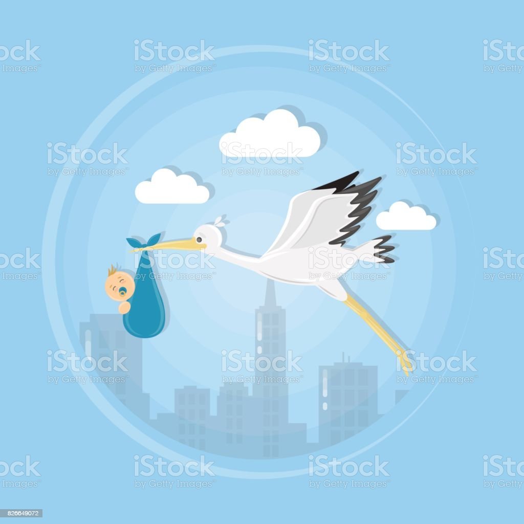 Аист несет малыша