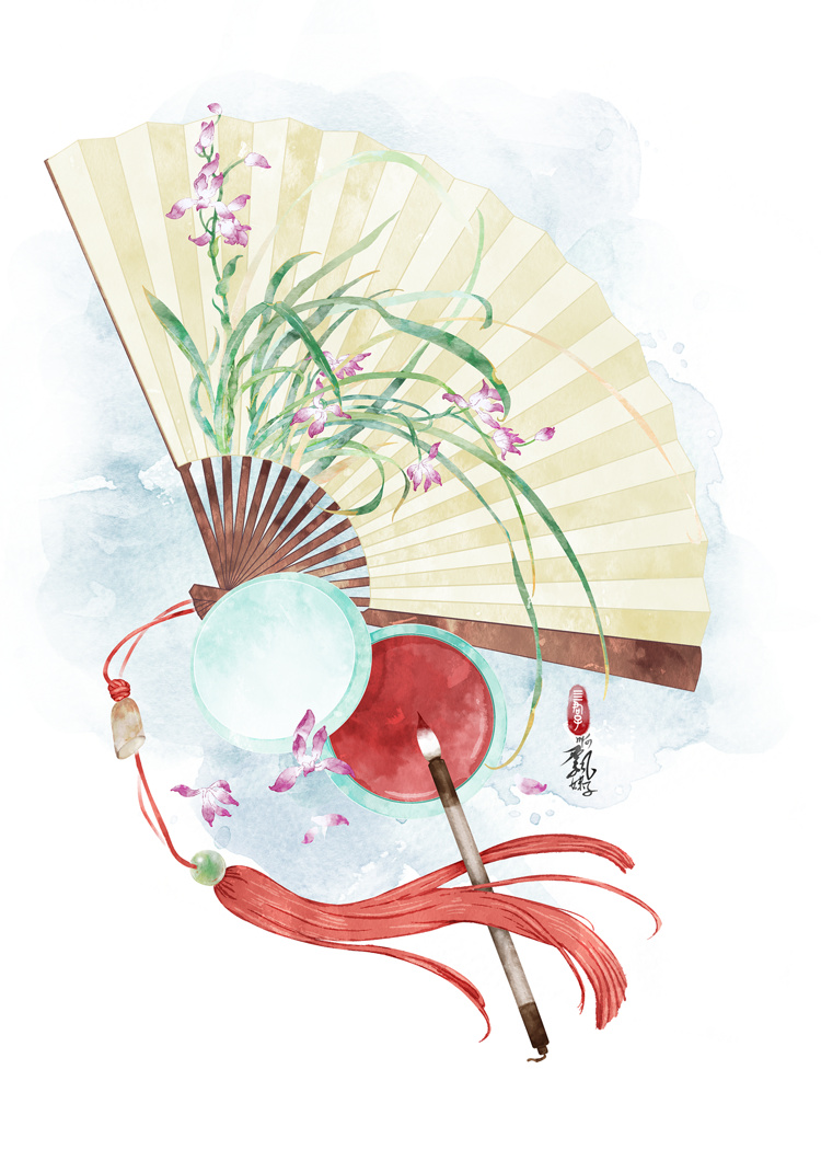 Японский веер акварель