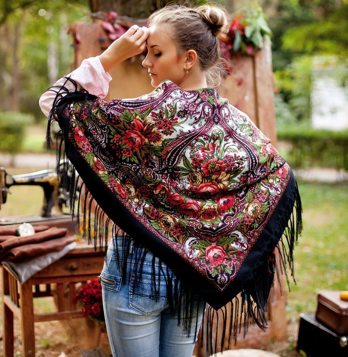 Платок шерстяной с шерстяной бахромой "Морозко", вид 14, 125х125 см