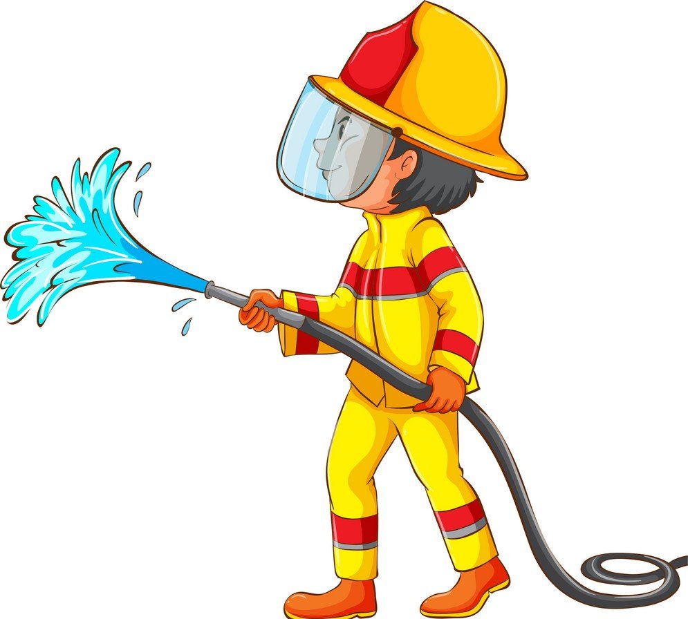 Пожарный тушит огонь на белом фоне