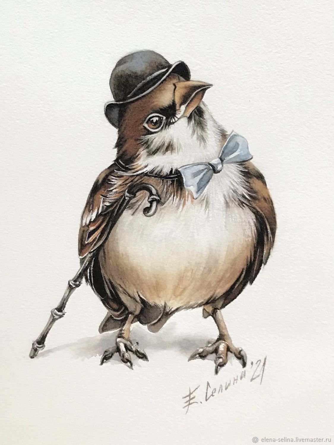 Воробей акварелью