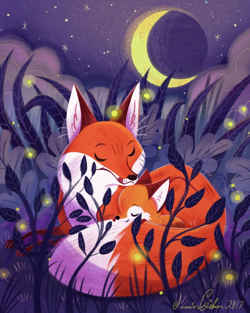 Лиса спит с лисятами