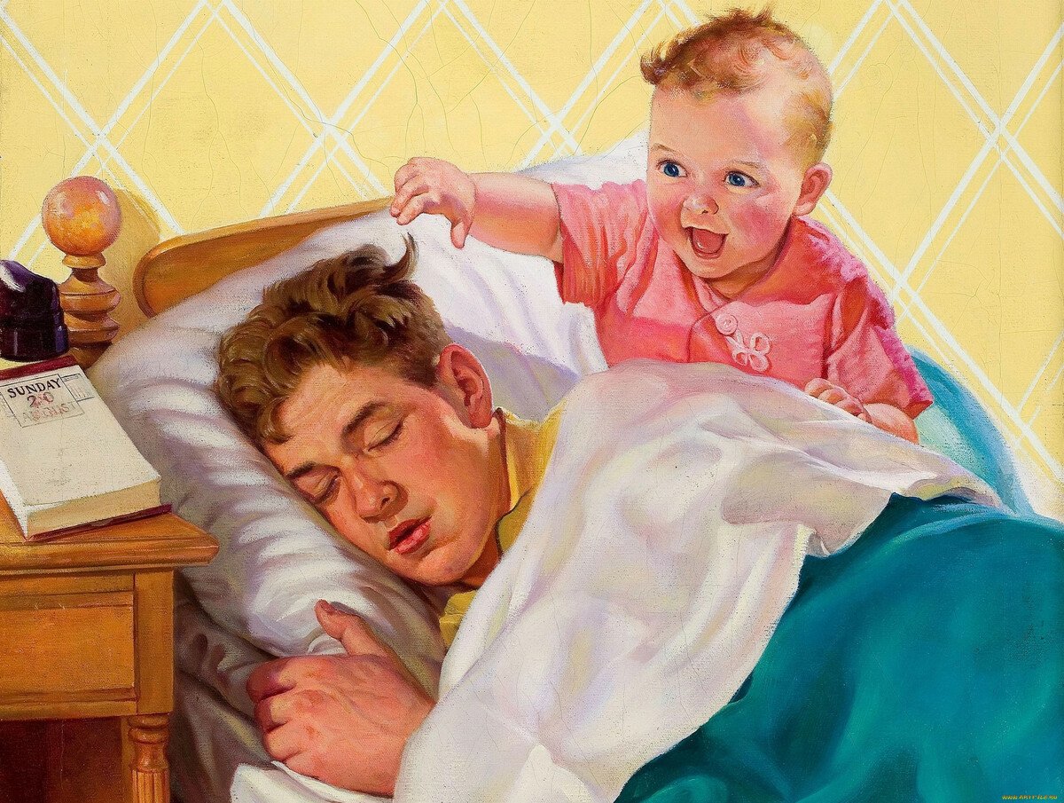 Папа с засыпающим малышом рисунок