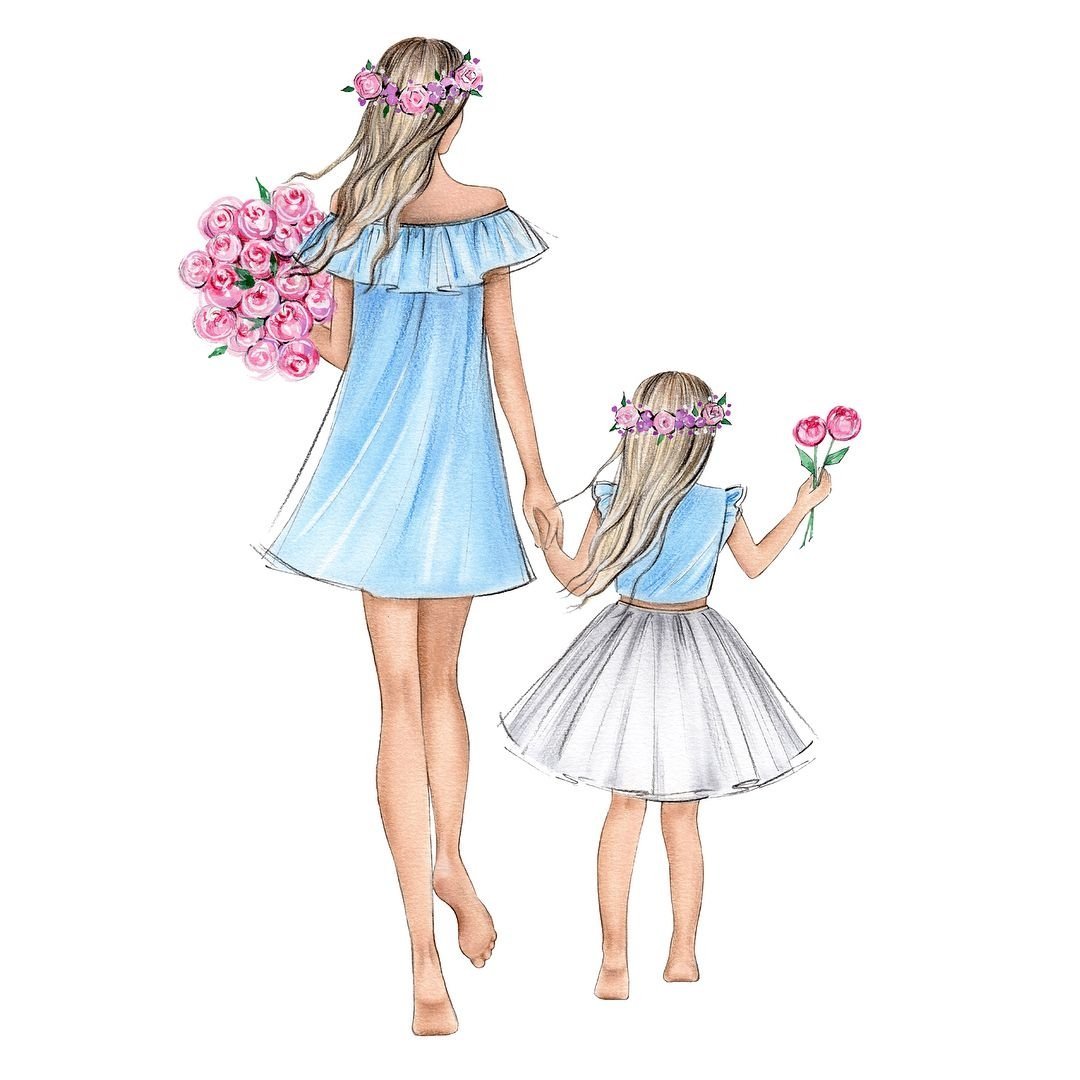 Мама и дочка рисунок для срисовки