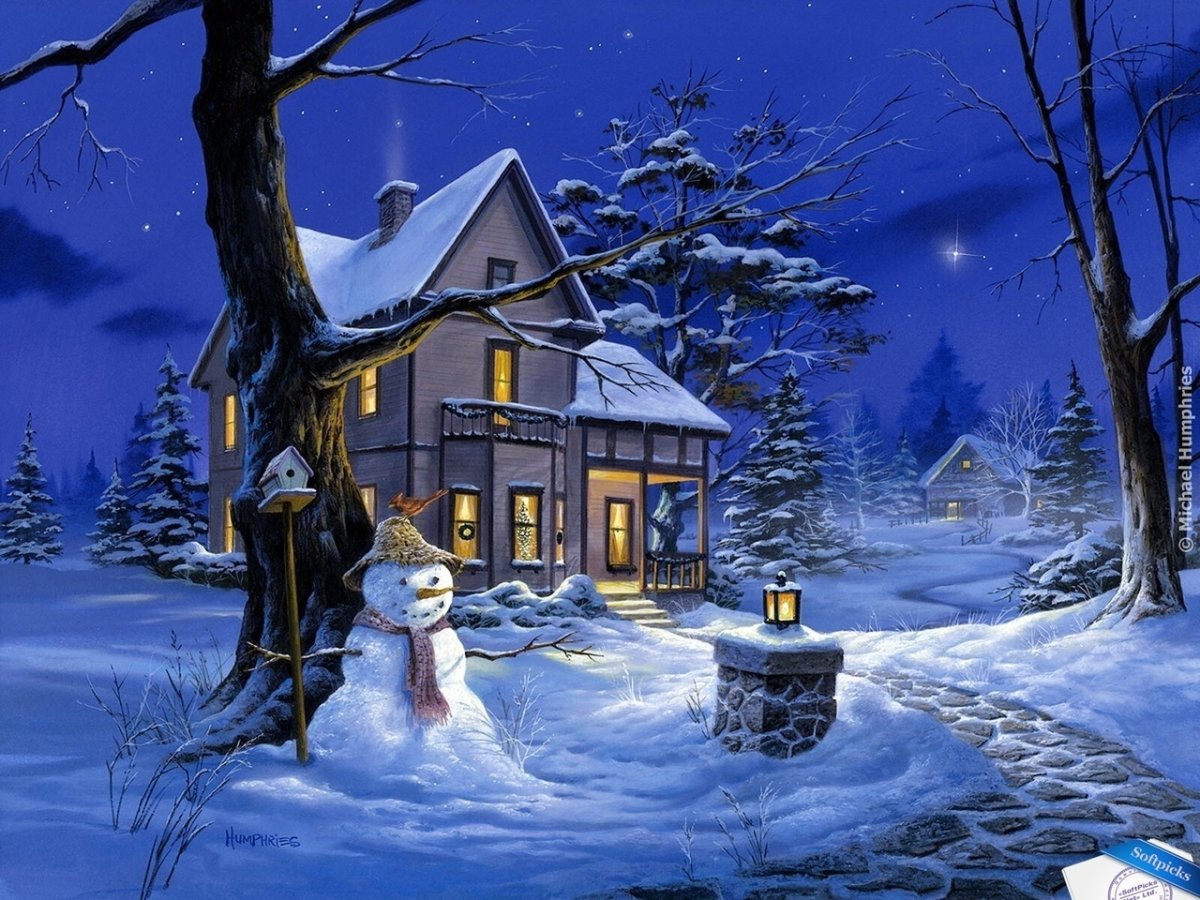 Зимние новогодние домики со снеговиками