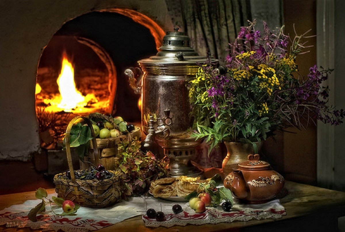 Чаепитие с самоваром в деревне