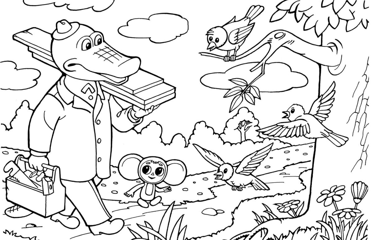 Крокодил Гена и Чебурашка раскраска