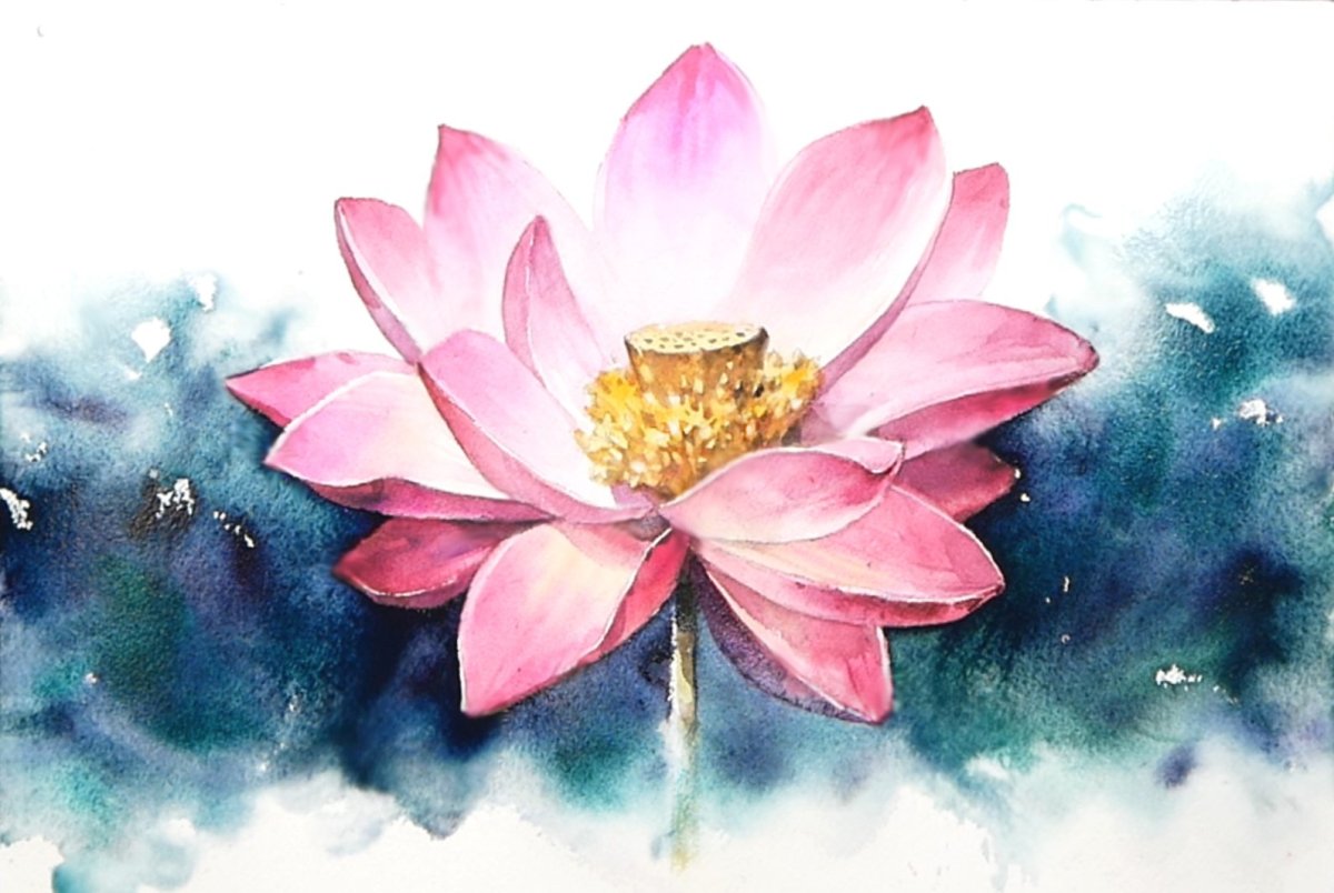 Лотос эскиз цветной акварель