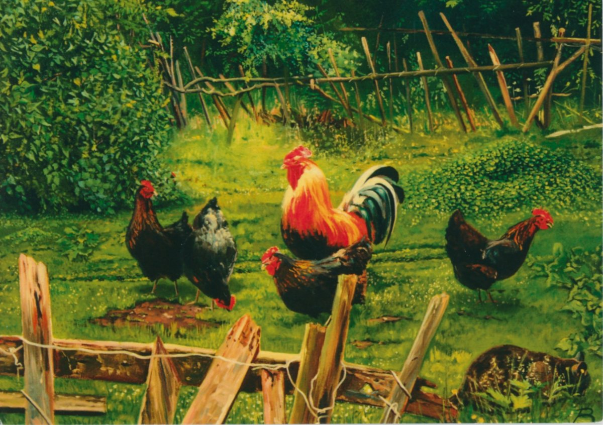 Деревенский пейзаж с курочками