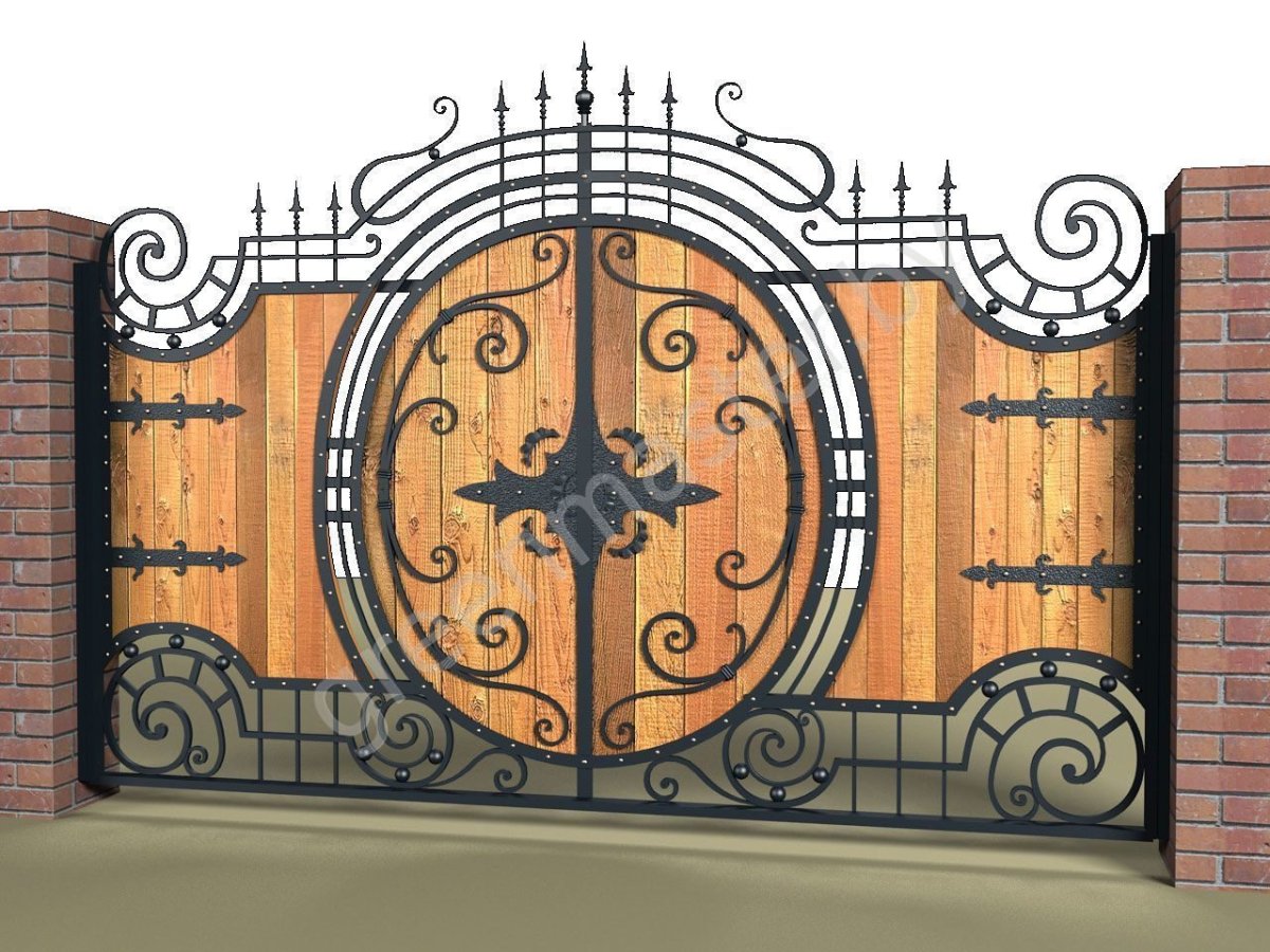 Деревянные ворота с ковкой