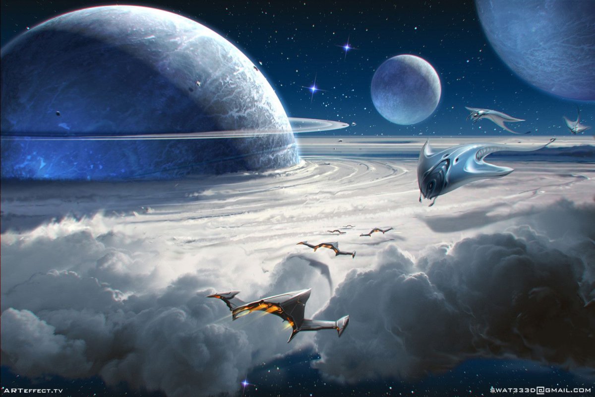 Космический пейзаж с кораблем