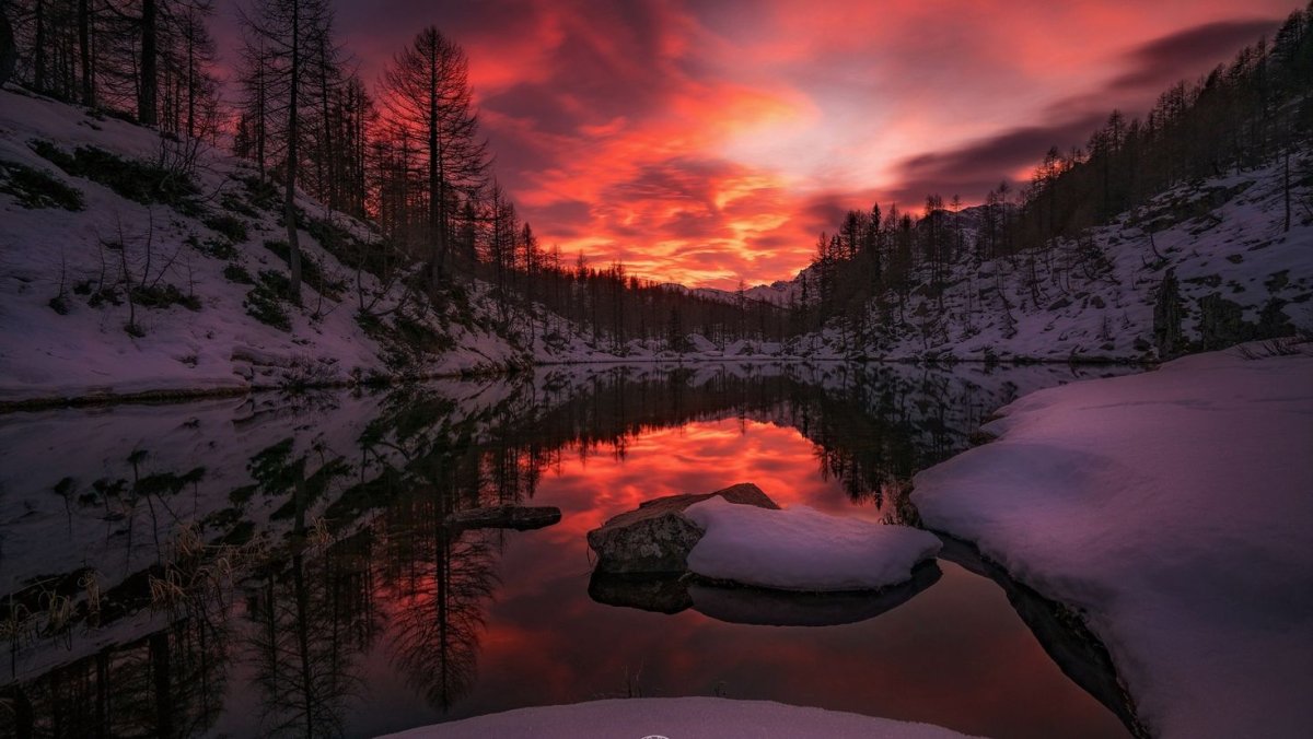 Зима озеро закат