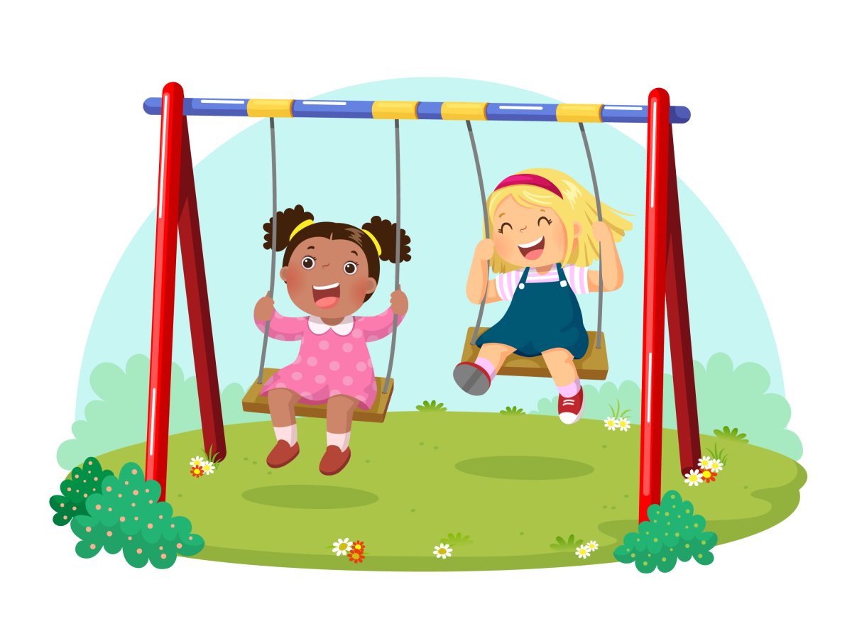 Две девочки качаются на качелях