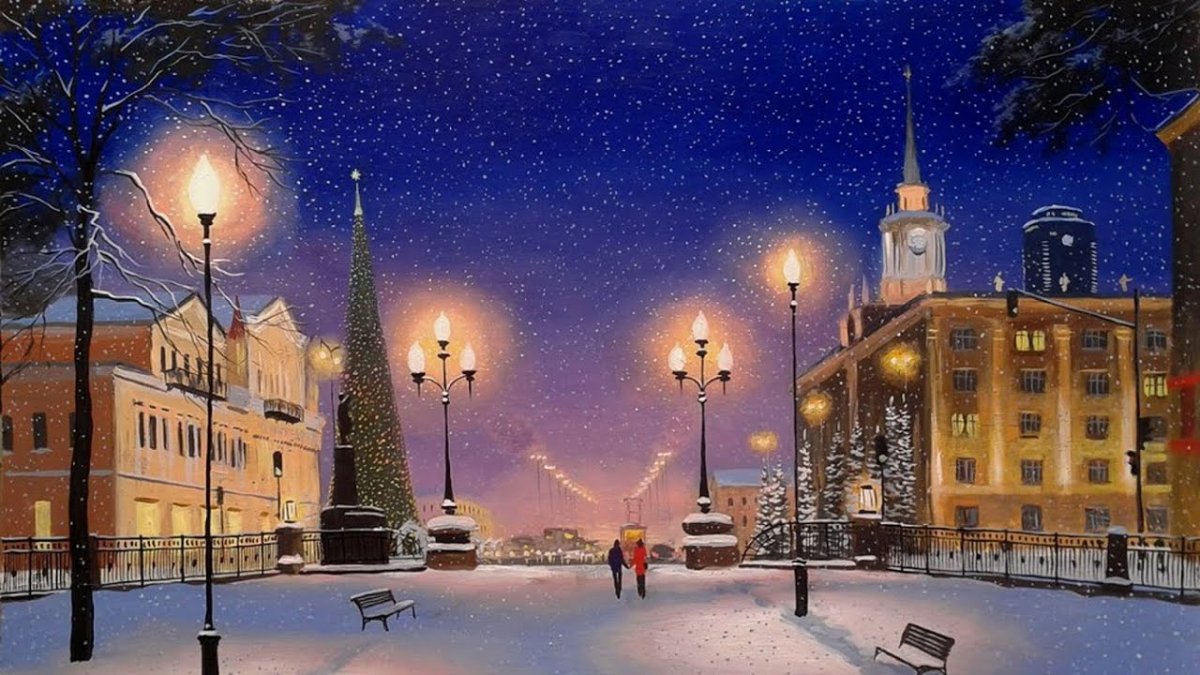 Зимний снегопад в Москве вечером