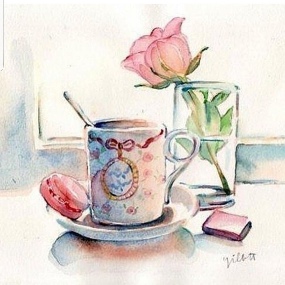 Чашка с цветами акварель