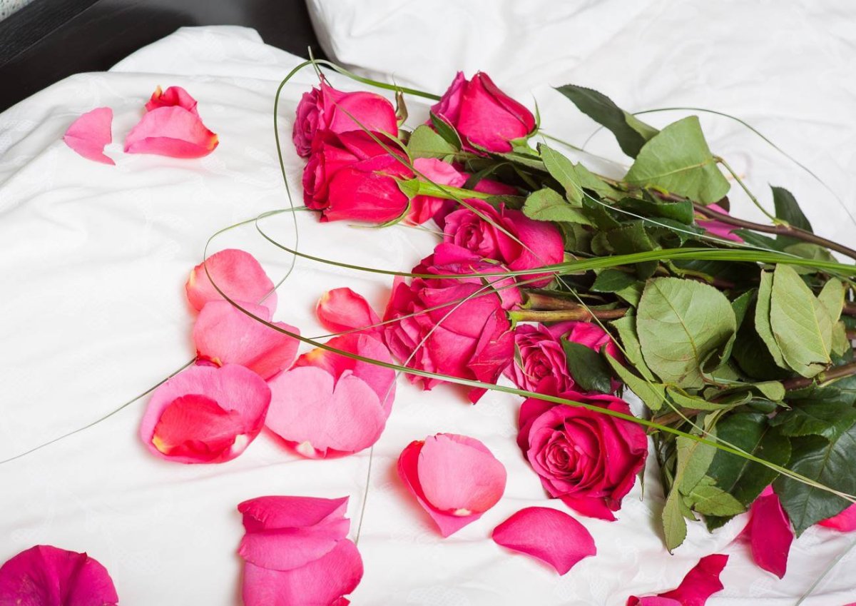 Белые розы на кровати